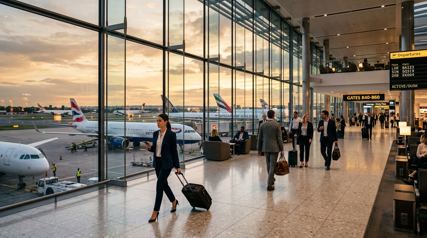 International departures lounge and aircraft representing global travel